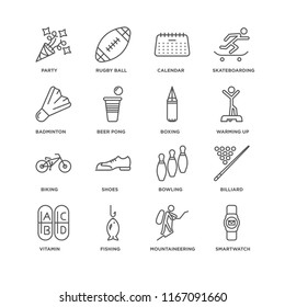 Set Of 16 simple line icons such as Smartwatch, Mountaineering, Fishing, Vitamin, Billiard, Party, Badminton, Biking, Boxing, editable stroke icon pack, pixel perfect