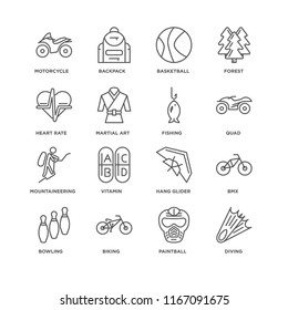 Set Of 16 simple line icons such as Diving, Paintball, Biking, Bowling, Bmx, Motorcycle, Heart rate, Mountaineering, Fishing, editable stroke icon pack, pixel perfect