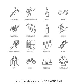 Set Of 16 simple line icons such as Martial art, Pedestal, Biking, Map, Climb, Pogo stick, Multitool, Tennis racket, Boxing, editable stroke icon pack, pixel perfect