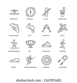 Set Of 16 simple line icons such as Jump rope, Zorbing, Mountaineering, Shoes, Jogging, Swimming, Hang glider, Snowboarding, out, editable stroke icon pack, pixel perfect