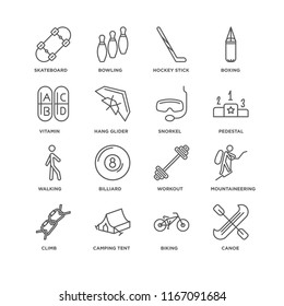 Set Of 16 simple line icons such as Canoe, Biking, Camping tent, Climb, Mountaineering, Skateboard, Vitamin, Walking, Snorkel, editable stroke icon pack, pixel perfect