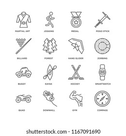 Set Of 16 simple line icons such as Compass, Gym, Downhill, Quad, Smartwatch, Martial art, Billiard, Buggy, Hang glider, editable stroke icon pack, pixel perfect