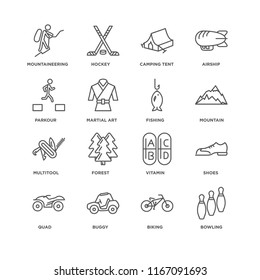 Set Of 16 Simple Line Icons Such As Bowling, Biking, Buggy, Quad, Shoes, Mountaineering, Parkour, Multitool, Fishing, Editable Stroke Icon Pack, Pixel Perfect