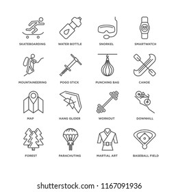 Set Of 16 simple line icons such as Baseball field, Martial art, Parachuting, Forest, Downhill, Skateboarding, Mountaineering, Map, Punching bag, editable stroke icon pack, pixel perfect