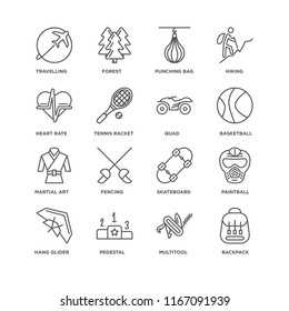 Set Of 16 simple line icons such as Backpack, Multitool, Pedestal, Hang glider, Paintball, Travelling, Heart rate, Martial art, Quad, editable stroke icon pack, pixel perfect
