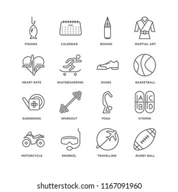 Set Of 16 simple line icons such as Rugby ball, Travelling, Snorkel, Motorcycle, Vitamin, Fishing, Heart rate, Gardening, Shoes, editable stroke icon pack, pixel perfect
