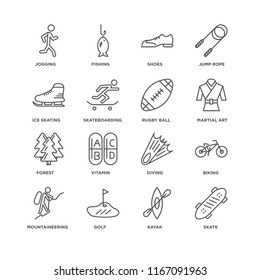 Set Of 16 simple line icons such as Skate, Kayak, Golf, Mountaineering, Biking, Jogging, Ice skating, Forest, Rugby ball, editable stroke icon pack, pixel perfect