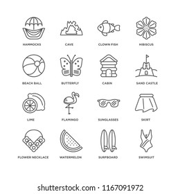 Set Of 16 simple line icons such as Swimsuit, Surfboard, Watermelon, Flower necklace, Skirt, Hammocks, Beach ball, Lime, Cabin, editable stroke icon pack, pixel perfect