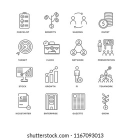 Set Of 16 simple line icons such as Grow, Gazette, Enterprise, Kickstarter, Teamwork, Checklist, Target, Stock, Network, editable stroke icon pack, pixel perfect