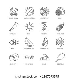Set Of 16 simple line icons such as Ice cream, Cave, Sunglasses, Coconut, Hibiscus, Conch shell, Spyglass, Fish, Toucan, editable stroke icon pack, pixel perfect