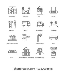 Set Of 16 simple line icons such as Motel, Future House, Government buildings, Taxi, Car, Detached, Castle, Terraced Houses, Houseboat, editable stroke icon pack, pixel perfect