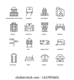 Set Of 16 simple line icons such as Mansion, Barn, Tent, Building, Caravan, Government buildings, Motel, , editable stroke icon pack, pixel perfect