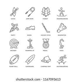 Set Of 16 simple line icons such as Skateboarding, Camping tent, Surfboard, Rugby ball, Yoga, Kayak, Party, Archery, Hockey stick, editable stroke icon pack, pixel perfect