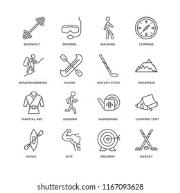 Set Of 16 simple line icons such as Hockey, Archery, Gym, Kayak, Camping tent, Workout, Mountaineering, Martial art, Hockey stick, editable stroke icon pack, pixel perfect