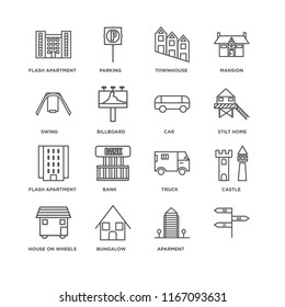 Set Of 16 simple line icons such as, Aparment, Bungalow, House On Wheels, Castle, Flash Apartment, Swing, Car, editable stroke icon pack, pixel perfect