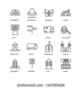 Set Of 16 simple line icons such as Bank, Hut, Parking, Aparment, Castle, Houseboat, Atm, Beach Truck, editable stroke icon pack, pixel perfect