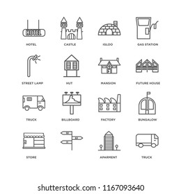 Set Of 16 simple line icons such as Truck, Aparment, , Store, Bungalow, Hotel, Street lamp, Mansion, editable stroke icon pack, pixel perfect