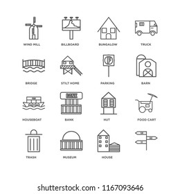 Set Of 16 simple line icons such as, House, Museum, Trash, Food cart, Wind Mill, Bridge, Houseboat, Parking, editable stroke icon pack, pixel perfect