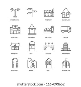 Set Of 16 simple line icons such as Bungalow, Hut, Barn, Building, Aparment, Street lamp, Hospital, Mansion, Factory, editable stroke icon pack, pixel perfect