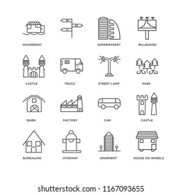 Set Of 16 simple line icons such as House On Wheels, Aparment, Hydrant, Bungalow, Castle, Houseboat, Barn, Street lamp, editable stroke icon pack, pixel perfect