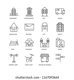 Set Of 16 simple line icons such as, House On Wheels, Food cart, Street lamp, Barn, Aparment, Bungalow, Tent, Hut, editable stroke icon pack, pixel perfect