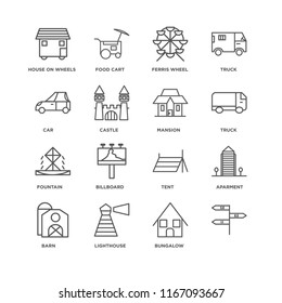 Set Of 16 simple line icons such as, Bungalow, Lighthouse, Barn, Aparment, House On Wheels, Car, Fountain, Mansion, editable stroke icon pack, pixel perfect