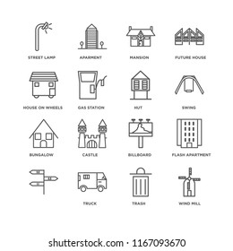 Set Of 16 simple line icons such as Wind Mill, Trash, Truck, , Flash Apartment, Street lamp, House On Wheels, Bungalow, Hut, editable stroke icon pack, pixel perfect