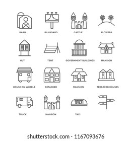 Set Of 16 simple line icons such as, Taxi, Mansion, Truck, Terraced Houses, Barn, Hut, House On Wheels, Government buildings, editable stroke icon pack, pixel perfect