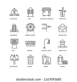 Set Of 16 simple line icons such as House, Barn, Trash, Billboard, Beach Hut, Fountain, Aparment, Atm, , editable stroke icon pack, pixel perfect
