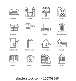 Set Of 16 simple line icons such as Hut, Supermarket, Barn, Motel, House, Hangar, Mansion, Gas station, Hotel, editable stroke icon pack, pixel perfect