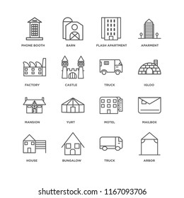 Set Of 16 simple line icons such as Arbor, Truck, Bungalow, House, Mailbox, Phone booth, Factory, Mansion, editable stroke icon pack, pixel perfect