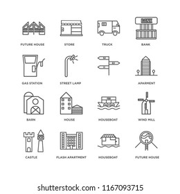 Set Of 16 simple line icons such as Future House, Houseboat, Flash Apartment, Castle, Wind Mill, Gas station, Barn, , editable stroke icon pack, pixel perfect