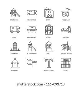 Set Of 16 simple line icons such as Bank, Street lamp, , Hydrant, Future House, Stilt Home, Truck, Aparment, Motel, editable stroke icon pack, pixel perfect