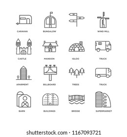 Set Of 16 simple line icons such as Supermarket, Bridge, Buildings, Barn, Truck, Caravan, Castle, Aparment, Igloo, editable stroke icon pack, pixel perfect