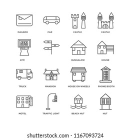 Set Of 16 simple line icons such as Hut, Beach Traffic light, Motel, Phone booth, Mailbox, Atm, Truck, Bungalow, editable stroke icon pack, pixel perfect