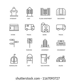Set Of 16 simple line icons such as Igloo, Gas station, Hut, Bungalow, Houseboat, Hydrant, Store, , Barn, editable stroke icon pack, pixel perfect