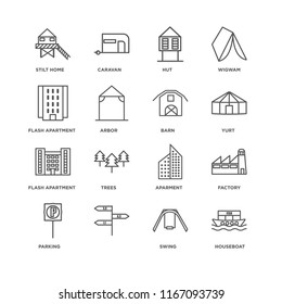 Set Of 16 simple line icons such as Houseboat, Swing, , Parking, Factory, Stilt Home, Flash Apartment, Barn, editable stroke icon pack, pixel perfect