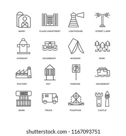 Set Of 16 simple line icons such as Castle, Fountain, Truck, Bank, Houseboat, Barn, Hydrant, Factory, Wigwam, editable stroke icon pack, pixel perfect
