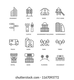 Set Of 16 simple line icons such as Houseboat, Flowers, Bank, Motel, Trees, Aparment, , Truck, Government buildings, editable stroke icon pack, pixel perfect