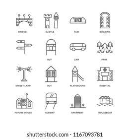 Set Of 16 simple line icons such as Houseboat, Aparment, Subway, Future House, Hospital, Bridge, , Street lamp, Car, editable stroke icon pack, pixel perfect