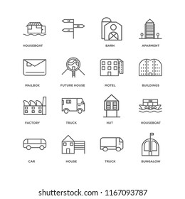 Set Of 16 simple line icons such as Bungalow, Truck, House, Car, Houseboat, Mailbox, Factory, Motel, editable stroke icon pack, pixel perfect
