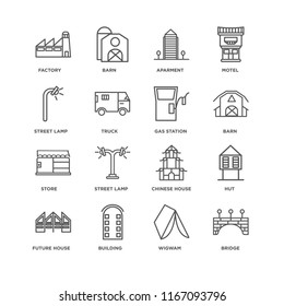 Set Of 16 simple line icons such as Bridge, Wigwam, Building, Future House, Hut, Factory, Street lamp, Store, Gas station, editable stroke icon pack, pixel perfect