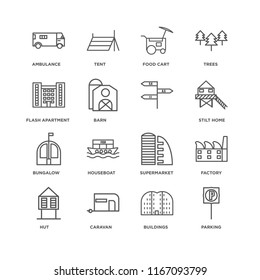 Set Of 16 simple line icons such as Parking, Buildings, Caravan, Hut, Factory, Ambulance, Flash Apartment, Bungalow, , editable stroke icon pack, pixel perfect