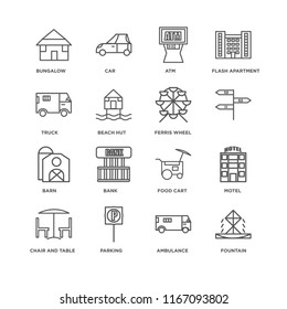 Set Of 16 simple line icons such as Fountain, Ambulance, Parking, Chair and table, Motel, Bungalow, Truck, Barn, Ferris wheel, editable stroke icon pack, pixel perfect