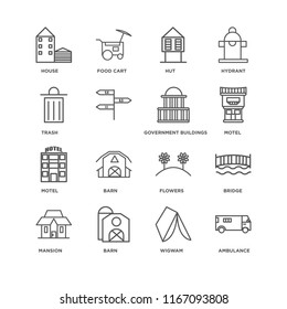 Set Of 16 simple line icons such as Ambulance, Wigwam, Barn, Mansion, Bridge, House, Trash, Motel, Government buildings, editable stroke icon pack, pixel perfect