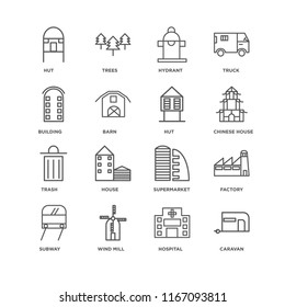 Set Of 16 simple line icons such as Caravan, Hospital, Wind Mill, Subway, Factory, Hut, Building, Trash, editable stroke icon pack, pixel perfect