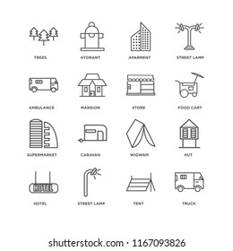 Set Of 16 simple line icons such as Truck, Tent, Street lamp, Hotel, Hut, Trees, Ambulance, Supermarket, Store, editable stroke icon pack, pixel perfect