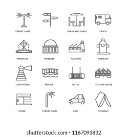 Set Of 16 simple line icons such as Wigwam, Car, Street lamp, Store, Future House, Fountain, Lighthouse, Factory, editable stroke icon pack, pixel perfect