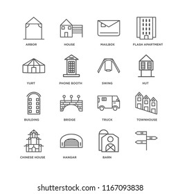 Set Of 16 simple line icons such as, Barn, Hangar, Chinese House, Townhouse, Arbor, Yurt, Building, Swing, editable stroke icon pack, pixel perfect