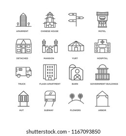 Set Of 16 simple line icons such as Arbor, Flowers, Subway, Hut, Government buildings, Aparment, Detached, Truck, Yurt, editable stroke icon pack, pixel perfect